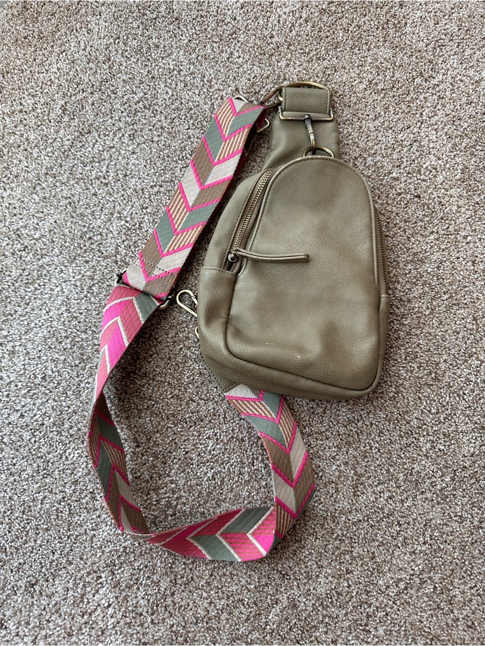 Anthropology Crossbody Bag in Olive Green with Pink Chevron